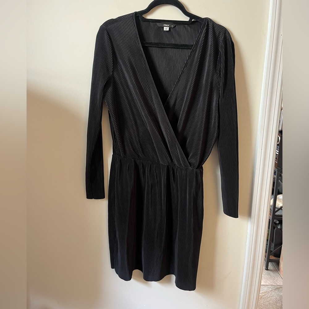 ONLY Womens Black Ribbed Wrap Front Long Sleeve Dress Size Large Stretchy